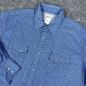 Wrangler Shirt Mens 2XL Blue Print Western Pearl‎ Snap Long Sleeve Wrancher